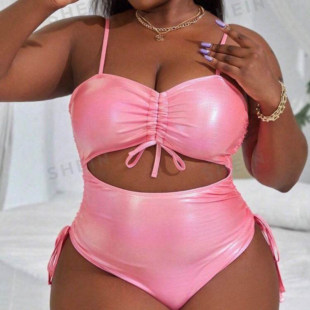 SHEIN Pink Ruched Cutout Swimsuit
